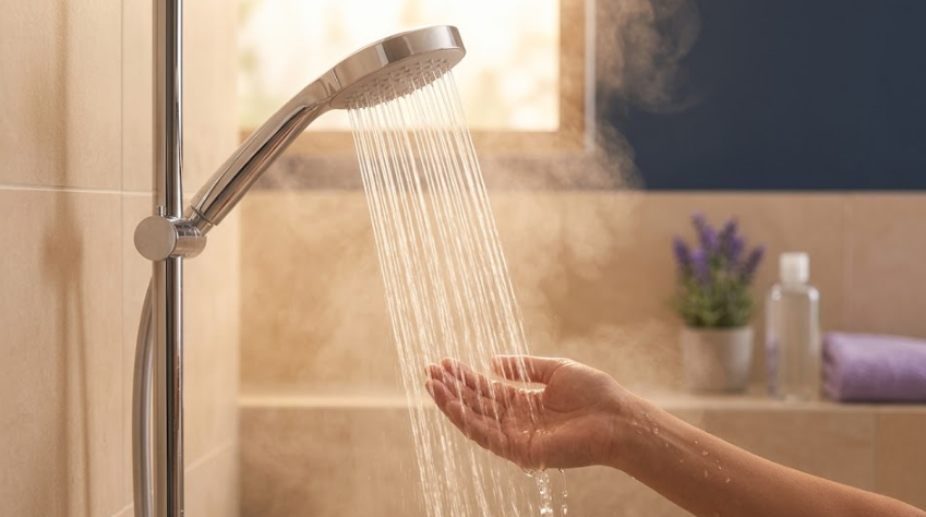 Las 24 horas post-masaje: El secreto para que tu bienestar no termine en la camilla 3 Primer plano de una ducha de mano moderna con agua tibia fluyendo sobre una mano, vapor suave y un fondo de baño relajante con flores de lavanda.